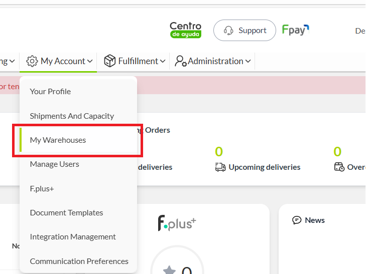 Menú de Falabella Seller Center mostrando la opción 'Mis Bodegas' en Mi cuenta.