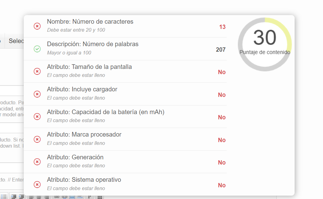 Producto con puntaje de contenido deficiente