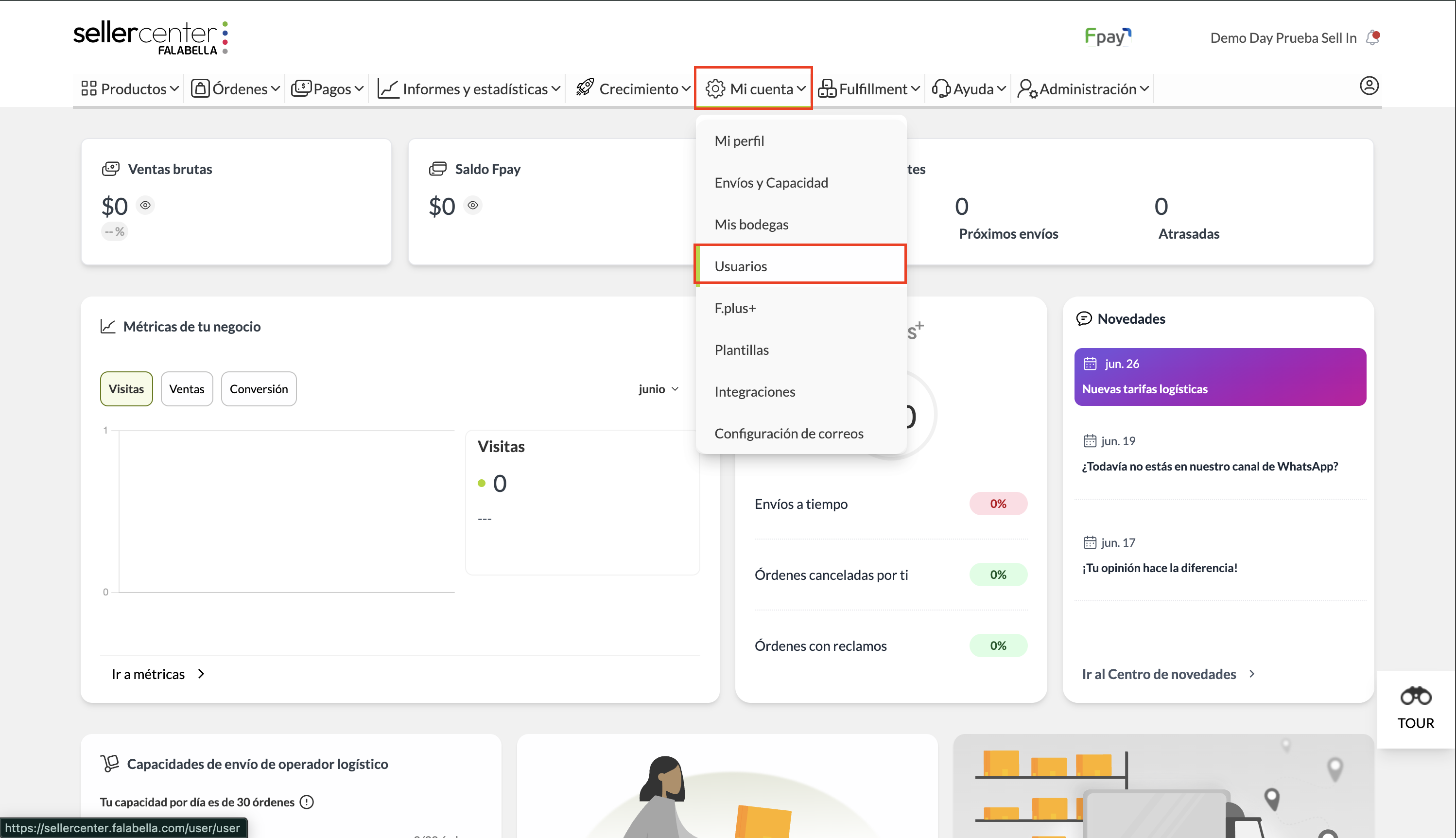 Menú Mi cuenta > Usuarios en Seller Center