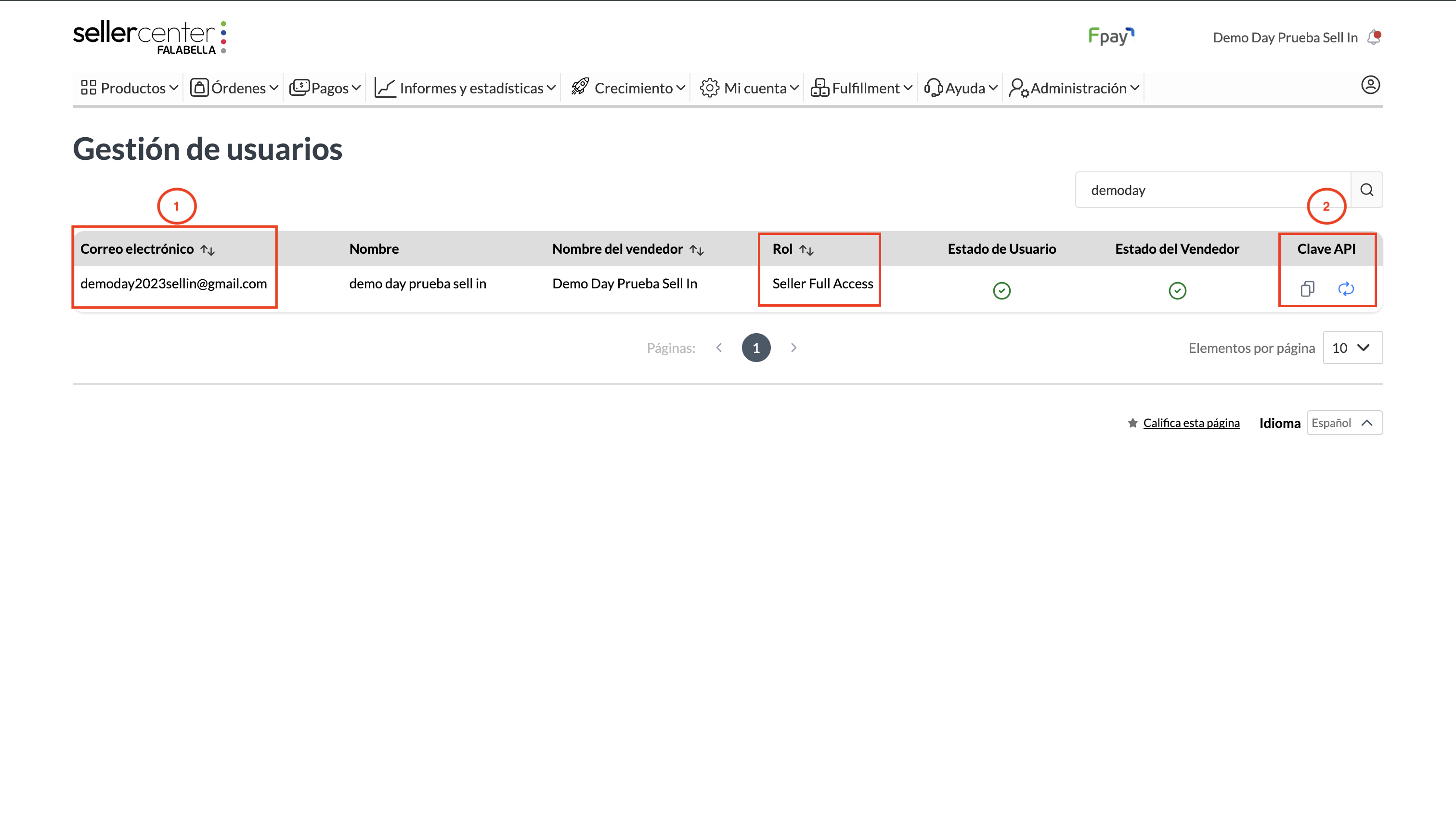 Verifica el correo, el rol Seller Full Access y la Clave API del usuario