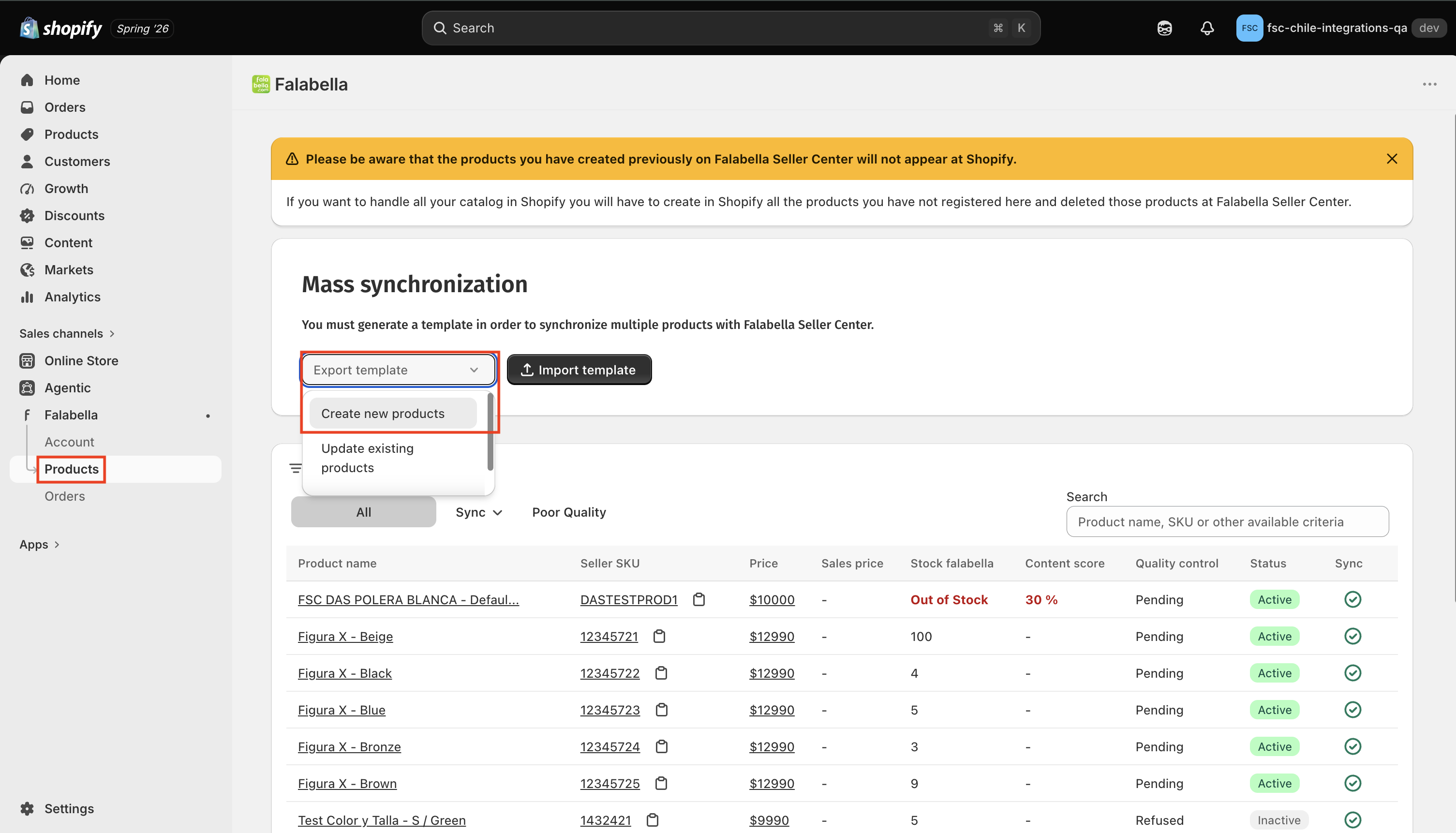 Pestaña Products y opción Export template en la App de Falabella.