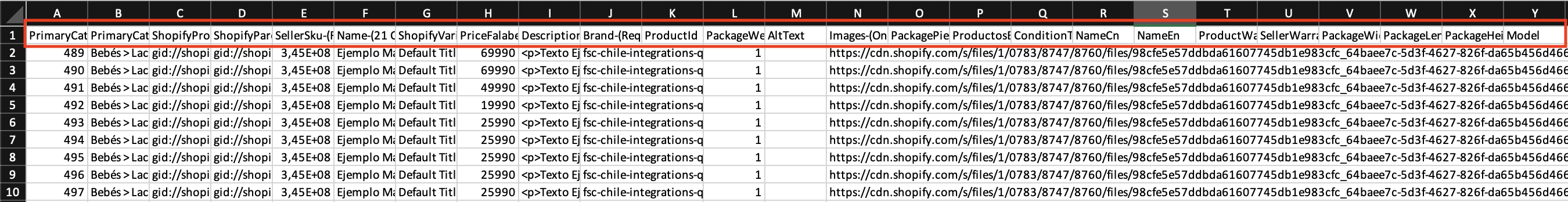 Excel de referencia con las columnas obligatorias por categoría.