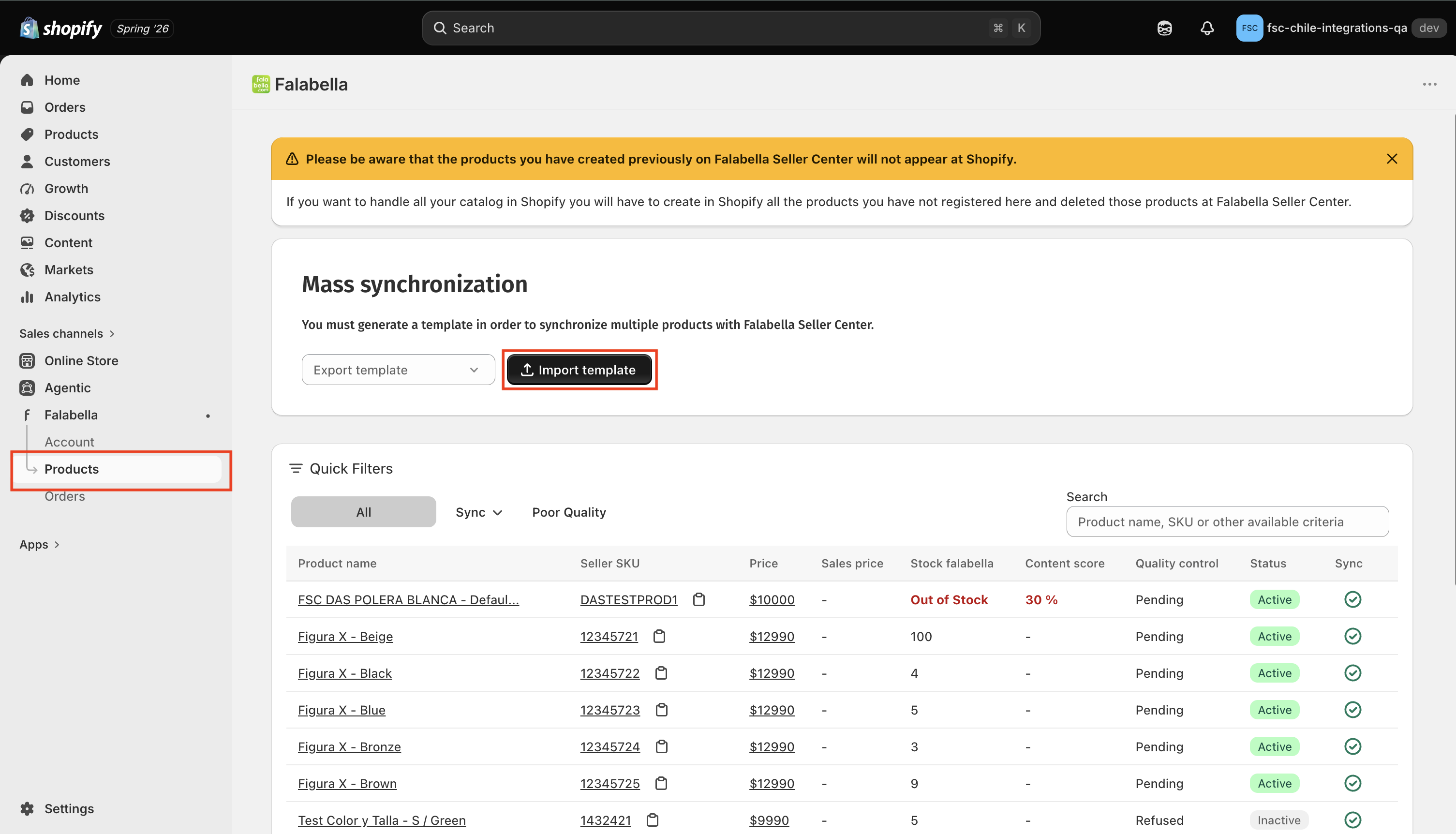 Import template en la sección Mass synchronization